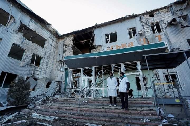 Destroyed hospital in Volnovakha