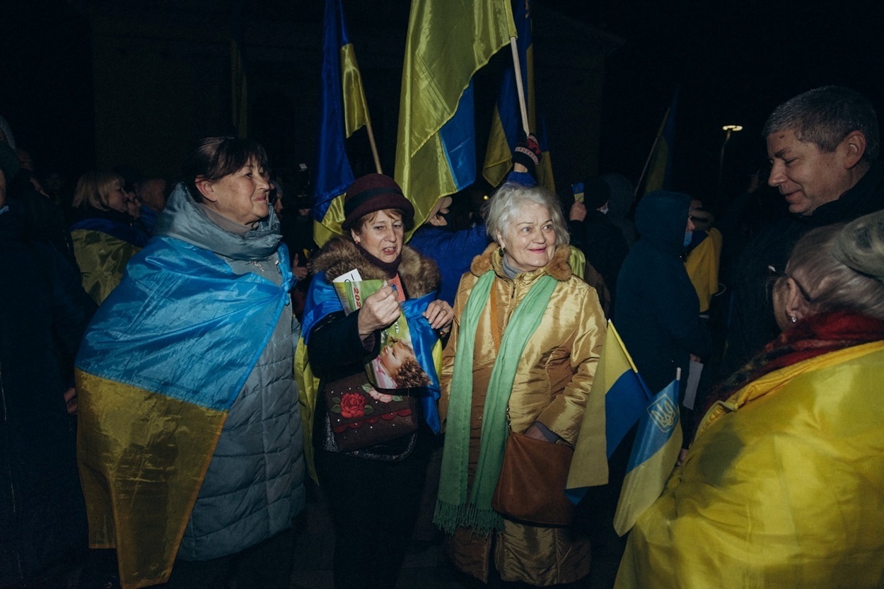 Valentyna Konstantynovska on a protest in Mariupol on February 22, 2022. Credits: Valentyna’s archive